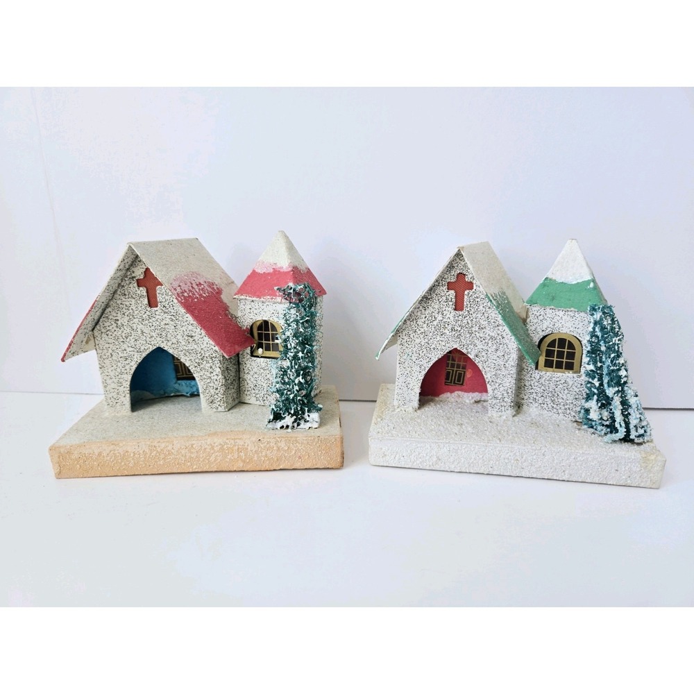 Vintage Christmas cardboard house Putz Japan 4" pair church